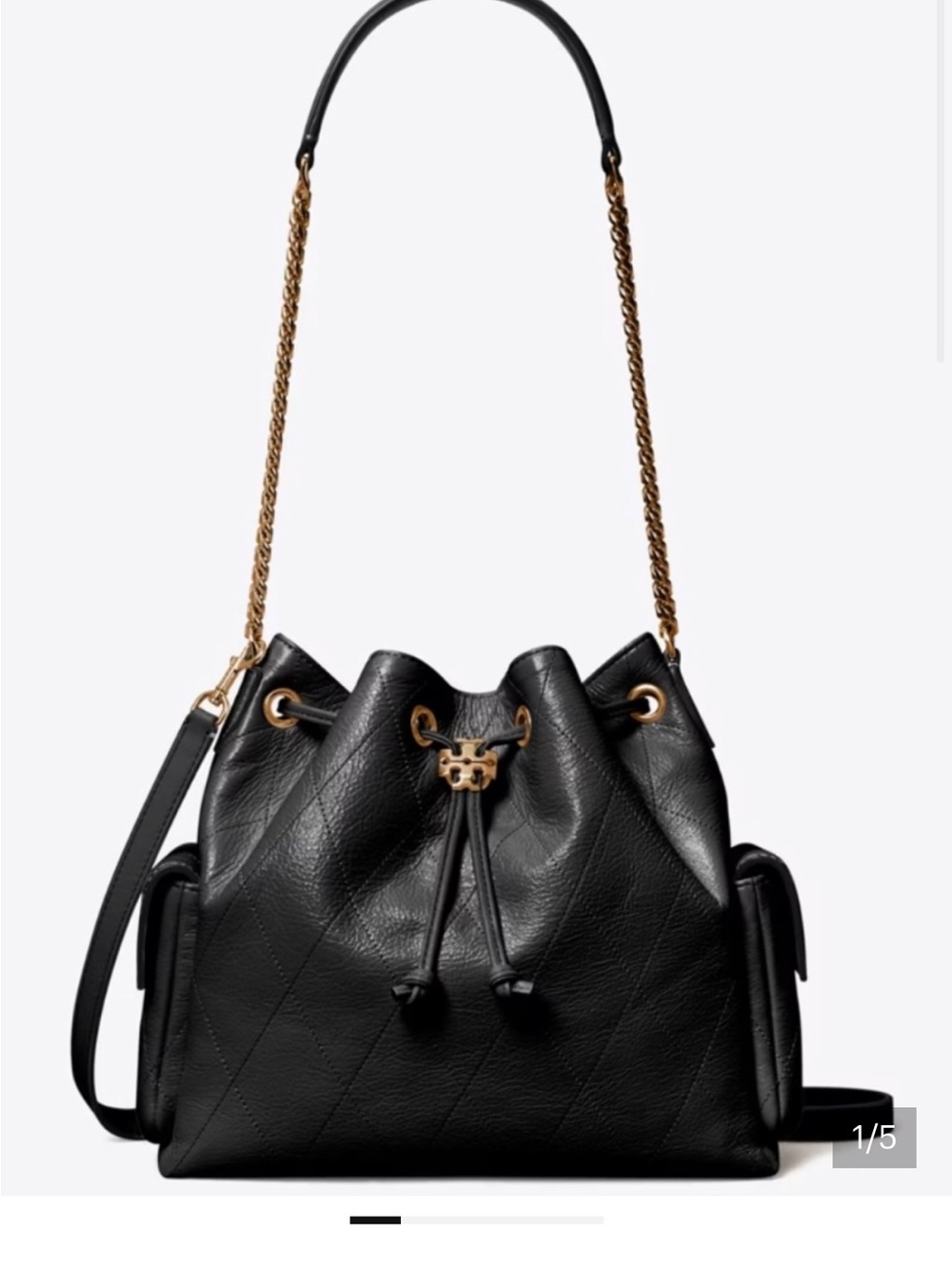 TORY BURCH SMALL CHARLIE Black Quilted Leather Drawstring Bag /Gold Chain - Picture 8 of 8